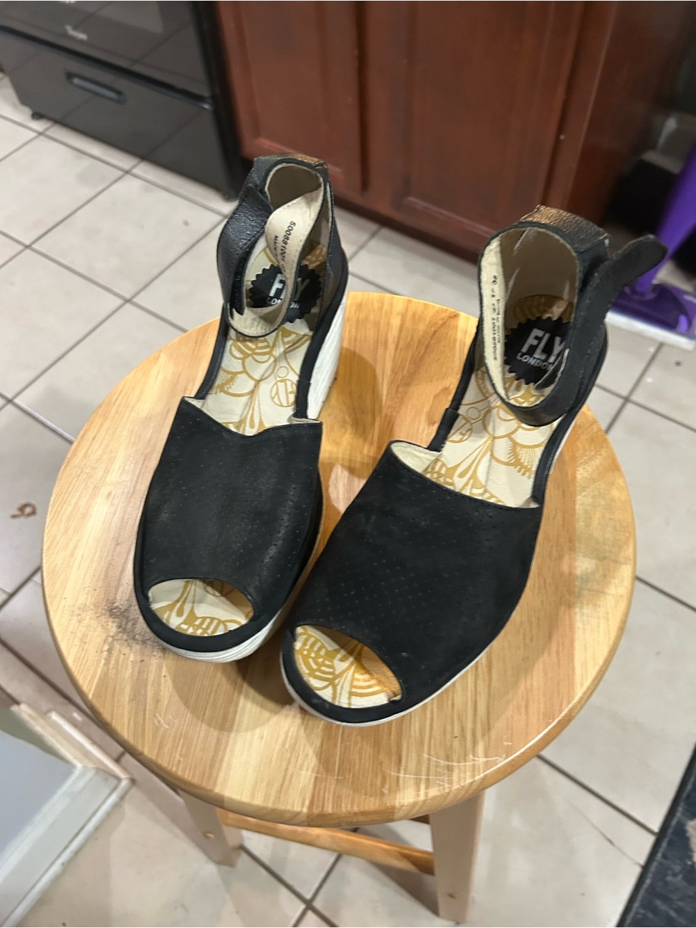 FLY London Black Open-Toe Wedge Sandals